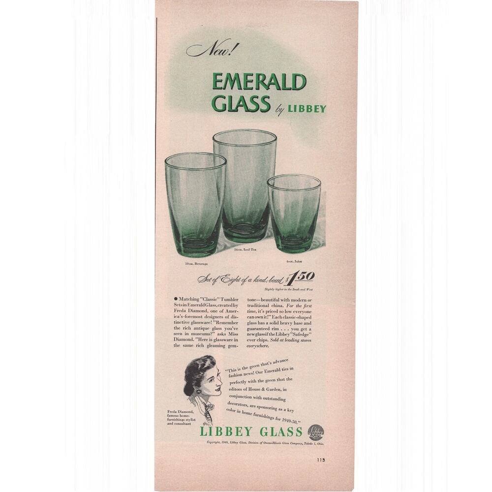 Libbey Emerald Glass Magazine Advertisement 1949 Vintage Houseware Freda Diamond
